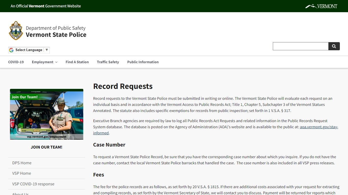 Record Requests | Vermont State Police