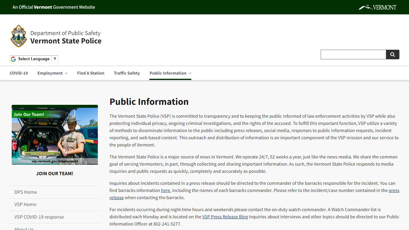 Public Information | Vermont State Police